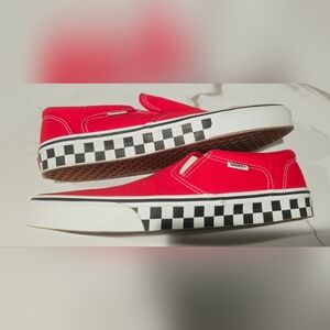 Vans Red Slip-Ons with Black & White Checkerboard